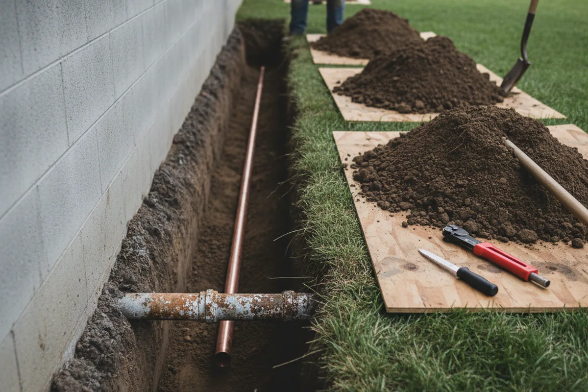 Excavated water line trench during Sewer Line Repair in North Falmouth